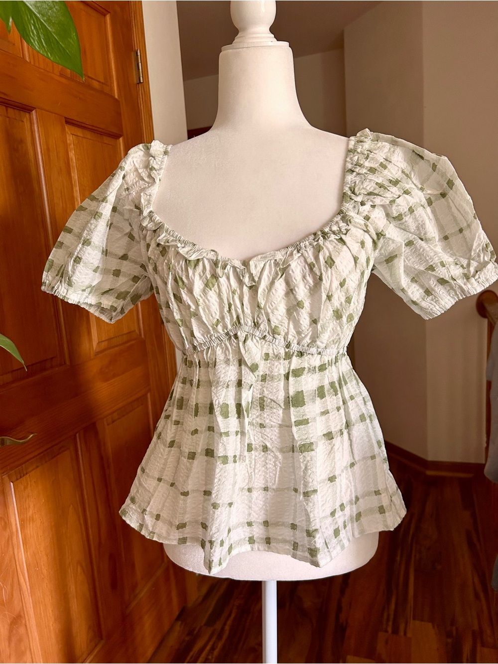 Promesa White and Sage Green Smocked Peasant Blouse